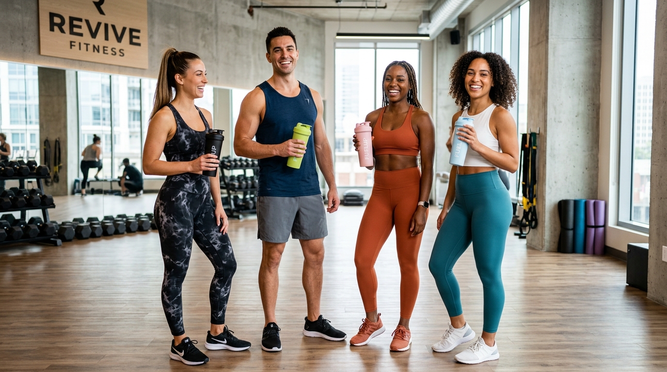 Ellerinde özel üretim sporcu shakerları tutan profesyonel fitness ekibi